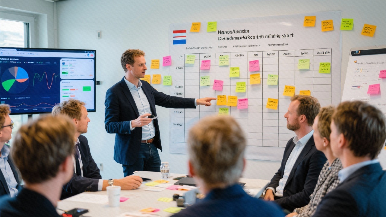 Advisor facilitating workshop with sticky notes, digital dashboards and prioritisation matrix while guiding cross-functional Dutch leadership team through decision-making sprint