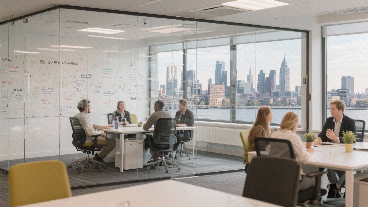 Bright Amsterdam office space featuring collaborative work zones, glass walls, strategy whiteboards and city skyline outside large windows representing Dutch Advisory Hub environment