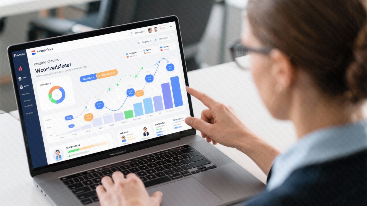 People operations specialist reviewing workforce analytics dashboard on laptop while mapping competencies, employee lifecycle stages and reskilling initiatives for Dutch organisation