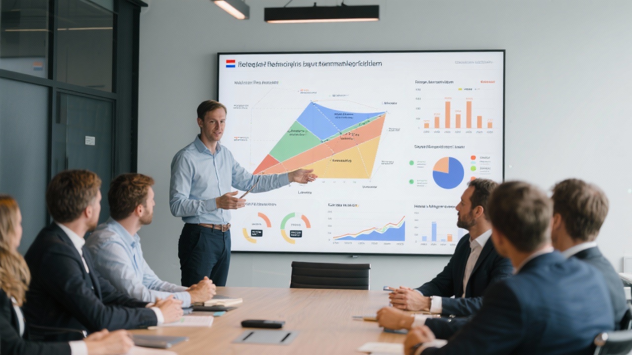 Consultant presenting multi-layer strategy board with market positioning diagrams, growth levers, financial projections and Dutch regulatory references to senior executive team in contemporary meeting room